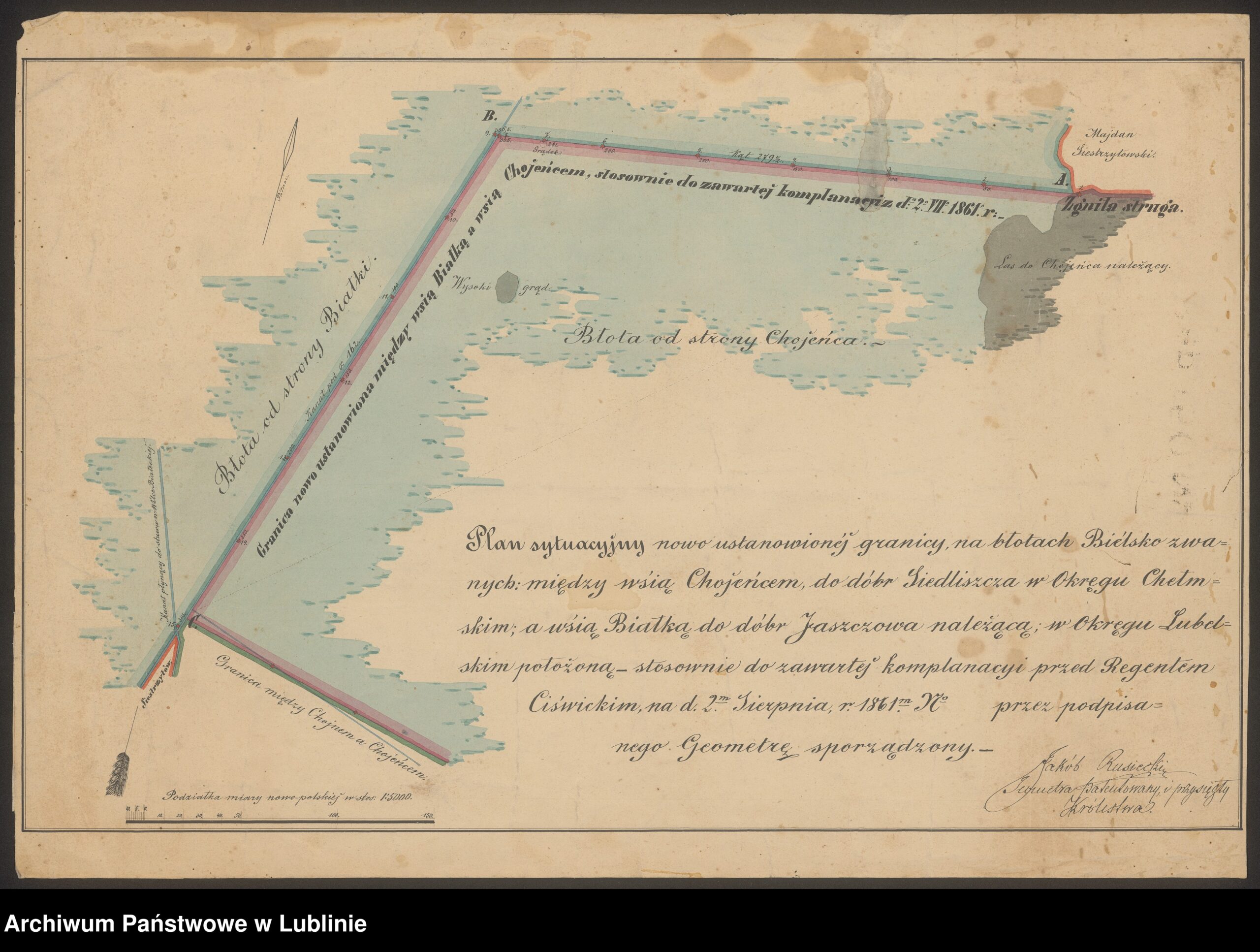 Plan sytuacyjny nowo ustanowionej granicy na błotach Bielsko zwanych: między wsią Chojeńcem, do dóbr Siedliszcza w Okręgu Chełmskim, a wsią Białką do dóbr Jaszczowa należącą, w Okręgu Lubelskim położoną