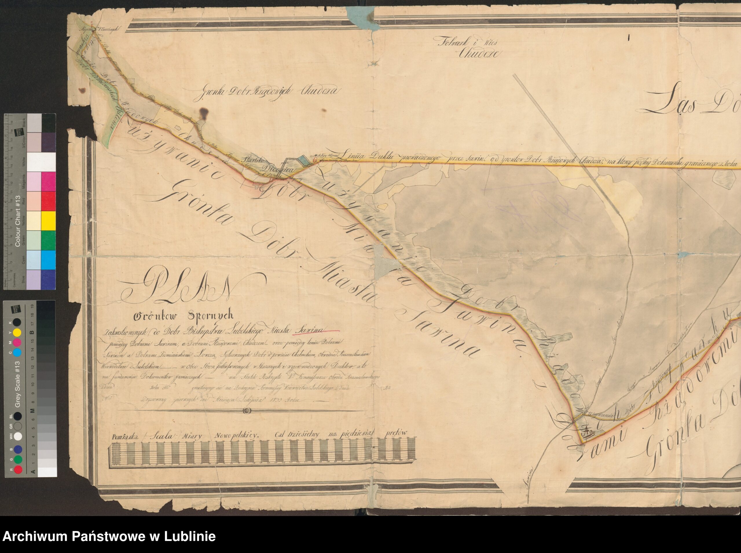 Plan gruntów spornych zakwestionowanych dla dóbr biskupstwa lubelskiego miasta Sawina pomiędzy dobrami Sawinem a dobrami rządowemi Chutczem oraz pomiedzy temiż dobrami Sawinem a dobrami ziemieńskimi Łowczą sytuowanych dóbr w powiecie chełmskim